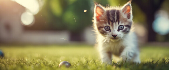 A kitten with a ball on the lawn
