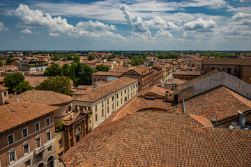 Ferrara, Emilia Romagna, Italy. The city seen from above the imposing Estense castle, built by the...