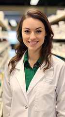 Smiling Caucasian pharmacist woman with straight black hair wearing a white greenish shirt against the background of shelves filled with medicines created with Generative AI Technology