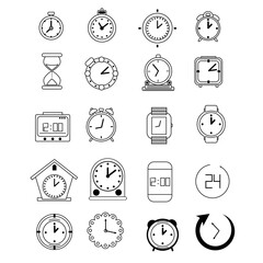 a collection of icons with a clock and time theme, icon outlines with a white background