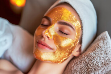 Close-up of face of a fictional Caucasian woman lying on the bed of a beauty salon with gold mask...