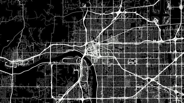 Zoom Out Road Map of Tulsa Oklahoma with white roads on a black background