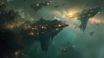 Fototapeta na wymiar Combat futuristic spaceship intergalactic war. Neural netwPro Photo,, Scifi fantasy floating city in the vastness space