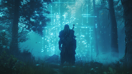neon sfumato wide shot of a viking warrior | forest background | blue hued gradient effect | futuristic glowing runes - obrazy, fototapety, plakaty