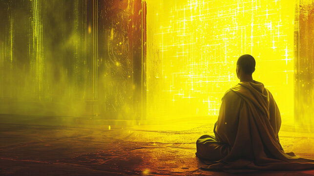neon sfumato wide shot of a patachitra monk | temple background | yellow hued gradient effect | futuristic glowing runes