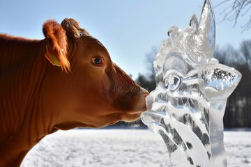curious cow sniffing at an ice sculpture shaped like a cow - obrazy, fototapety, plakaty