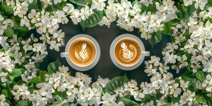 A caf scene with two cups of coffee and a view of blossoming white flowers. Concept Cafe Vibes, Coffee Love, Blooming Beauty, Serene Refreshment, Floral Delight