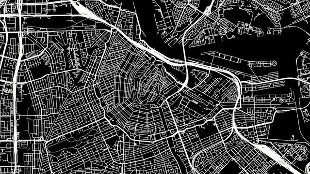 Zoom Out Road Map of Amsterdam Netherlands with white roads on a black background