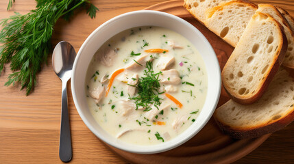 top view of a bowl of creamy chicken soup with slices of bread beside it on a light wooden kitchen table