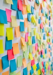 Blue wall full of colorful sticky notes - obrazy, fototapety, plakaty
