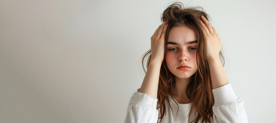 Fototapeta premium A young beautiful cute teenage girl is sad, holds her head with her hands and looks sadly at the camera. Banner. Place for text. Melancholy mood. Teenage crisis. thoughtfulness