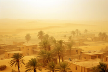 desert village with palm trees buffeted by sandstorm winds