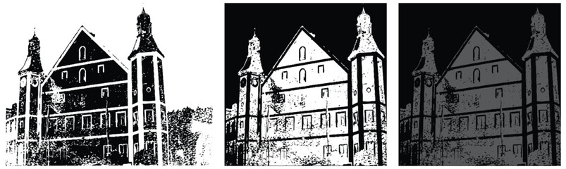 Historical Twin houses ,Merseburg the beautiful old town on Lake Constance, sketch illustration.