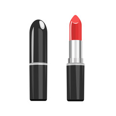Obraz premium Lipstick red open and in black packaging, isolated on a white background.Vector illustration of cosmetics.