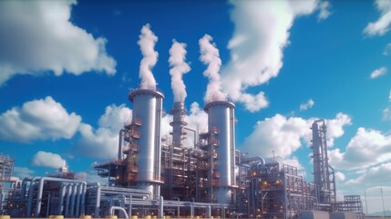 Modern gas power plant petroleum building overlay blue sky cloud for clean air eco saving energy good ozone environment industry - obrazy, fototapety, plakaty