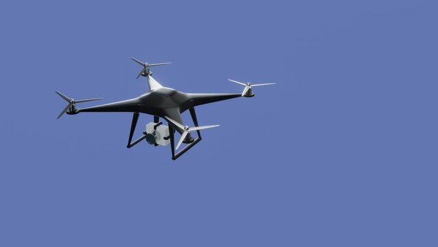Flying black drone isolated on white background. 3D rendering image.
