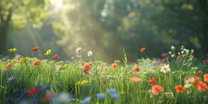 Captured in gentle sunlight wild spring flowers add a tranquil touch. Concept Spring Blooms, Serene Nature, Gentle Sunlight, Tranquil Landscapes, Wildflower Photography