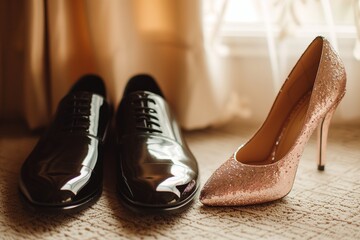pair of shiny black dress shoes beside a glittery high heel - Powered by Adobe