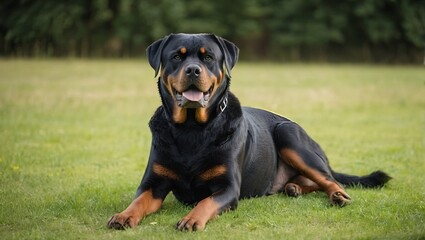 young Rottweiler sits on a summer green