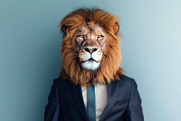 Portrait of a man wearing a lion mask over his head and a formal suit, lion wearing business suit, Generative AI