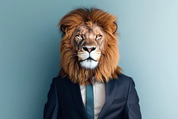 Poster Portrait of a man wearing a lion mask over his head and a formal suit, lion wearing business suit, Generative AI © FutureStock
