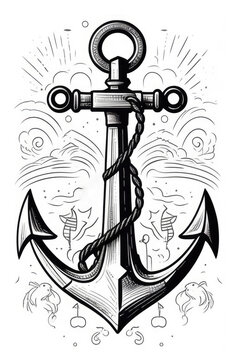 bnw illustration of an anchor with rope and pattern background. adventures, travelling.