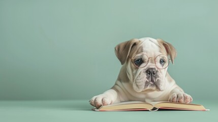 Photo portrait of a cute English bulldog puppy with glasses and a book on a pastel blue background. A postcard with a place for text