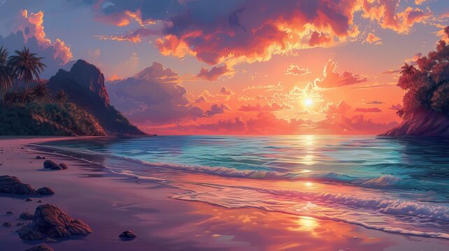 Sunset on the beach landscape desktop background