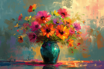 Vibrant Floral Bouquet: A Colorful Blossom of Artistic Beauty and Nature's Spring in Oil Painting Style