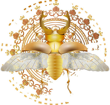 goldfarbener Hirschkäfer mit Flügel im Ornament von Hand gezeichnet  auf transparenten Hintergrund