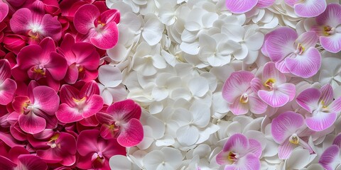 Obraz premium A Captivating Floral Backdrop of Pink and White Orchids for Advertising and Tranquility. Concept Flower Power Advertisement, Tranquil Blooms, Orchid Oasis, Pink and White Bliss