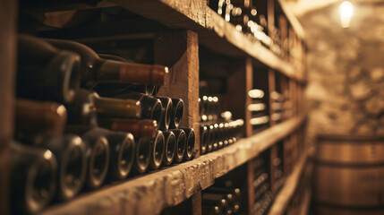 Rows of glass bottles fill the shelves of an old wine cellar