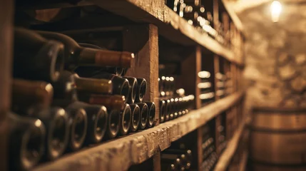 Fotobehang Rows of glass bottles fill the shelves of an old wine cellar © UMAR SALAM