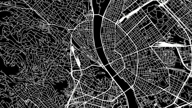 Zoom Out Road Map of Budapest Hungary with white roads on a black background