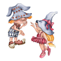 Watercolor hand drawn circus girl acrobat and gnome clown in vintage style. Perfect for wedding, invitations, blogs, card templates, birthday and baby cards, patterns, quotes. Cute circus staff.