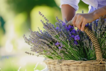 person filling a basket with lavender sprigs