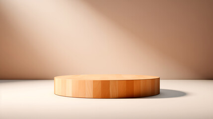 Wooden podium for product presentation in sunlight and shadows on the beige wall. Minimalistic abstract gentle light blur background.