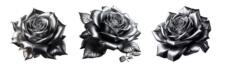 Close up Silver rose flowers set on transparent background | Top View shiny gray metal rosa | Set of silver rose  | PNG Clipping path