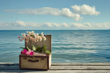 Foto auf Acrylglas artistically placed orchids in a suitcase on a pier © studioworkstock
