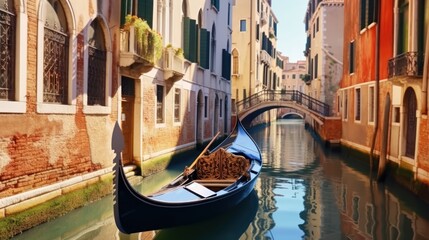 Narrow canal with gondola in Venice, Italy. Architecture and landmark of Venice. Cozy cityscape of Venice. - obrazy, fototapety, plakaty