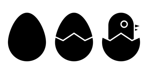 Set of icons with a newborn chicken. Egg, cracked egg and chicken in an egg. Vector illustration isolated on white background.