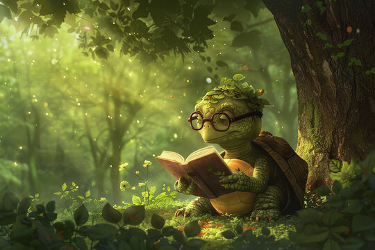 Enlightened Turtle Engrossed in Reading a Book in a Sunlit Forest Glade