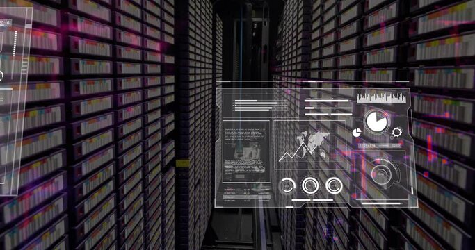 Animation of business icons and digital data processing over computer servers