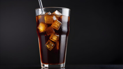 A refreshing cola full of carbonated beverage and ice is placed in a cup. generative AI. - obrazy, fototapety, plakaty