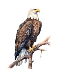 Obraz premium Watercolor illustration of a bald eagle bird perched on a branch isolated on white background.