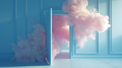 pink clouds and cumulus flying out the blue open door inside the empty room. Abstract metaphor, modern minimal concept.