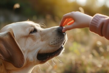 fingertips touching a smiling mastiffs nose outdoors