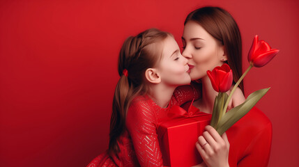 happy mother's day concept, child daughter congratulates mother and gives a bouquet of flowers to tulips