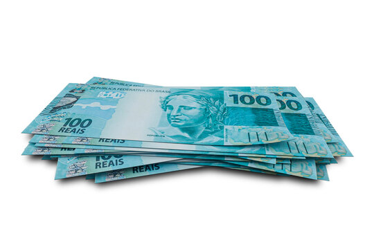 3D rendering of Stacks of Brazilian Money 100 Reais Banknotes