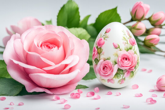 Beautiful painted Easter egg with a real pink rose. Happy Easter.